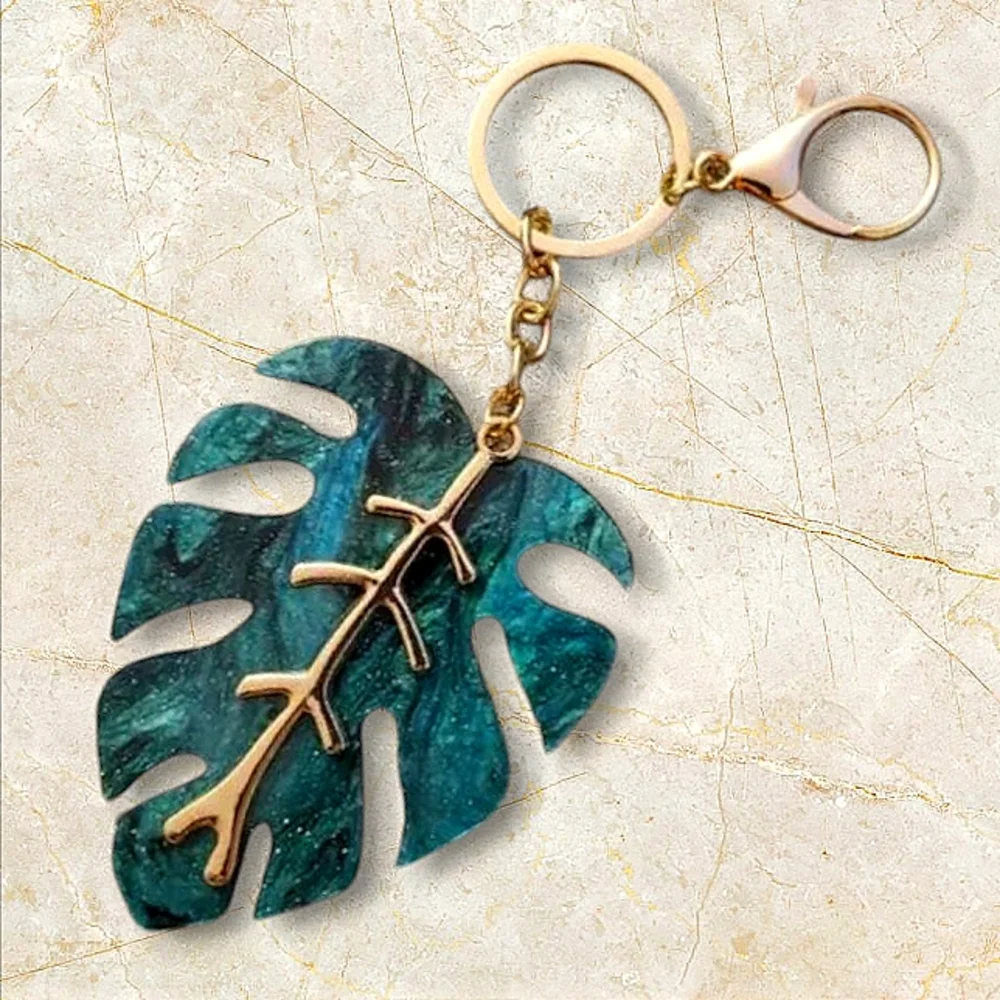 Monstera Keychain with Gold Accents